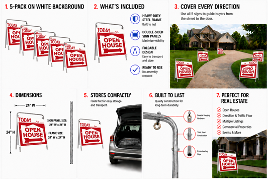 Open House Sign Metal A-Frame Kit - 5 Pack - Today - House Graphic - Red - EZee Post